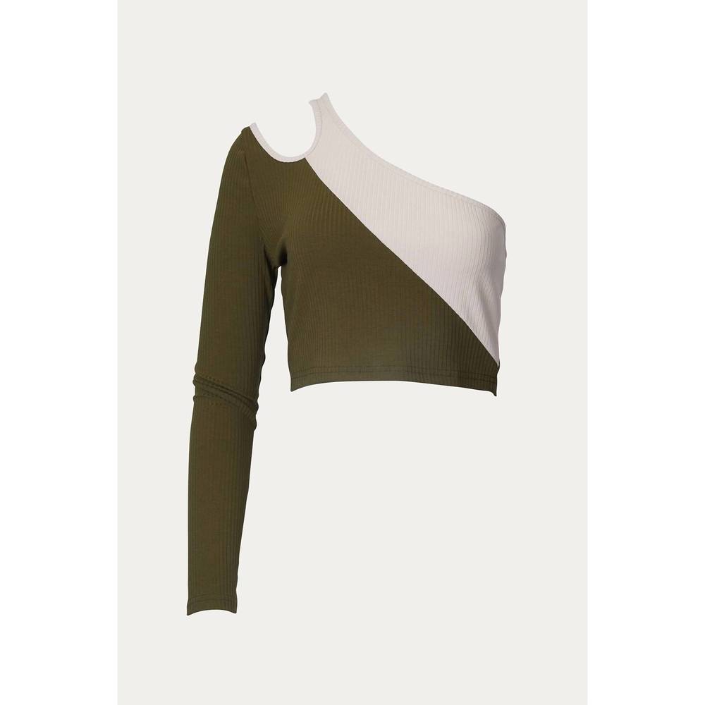NEW ENDLESS BLU. colorblocked ribbed-knit one-sleeve top in olive ecru